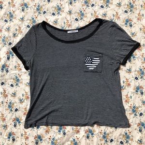 Black Striped Tee with Pocket Embroidery
